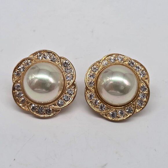 Roman Jewelry - Vintage Roman Gold-Tone Faux Pearl & Crystal Clip-On Earrings 3/4"